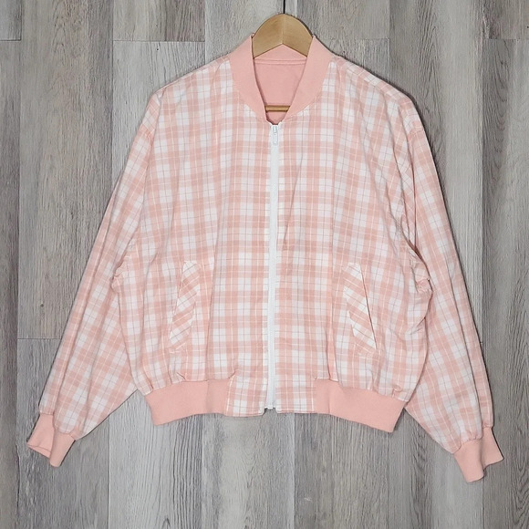 🛍Tail Womens Large Light Pink White Plaid Full Zip Golf Jacket Lightweight - Picture 1 of 6